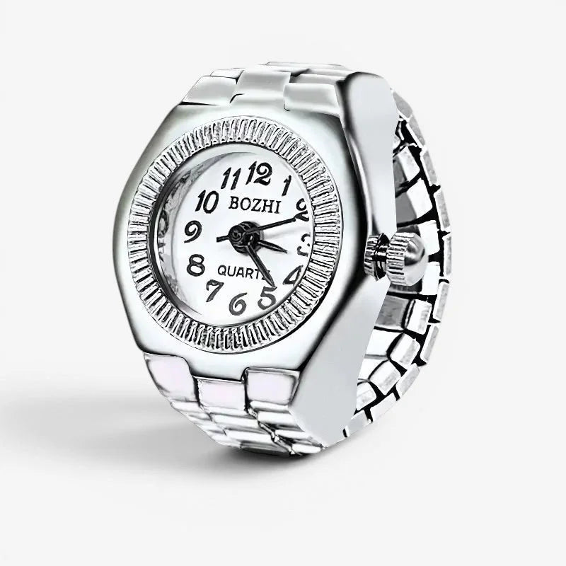 Womens white ring watch silver-toned bozhi quartz with sleek interlocking metal band and round face with black numerals