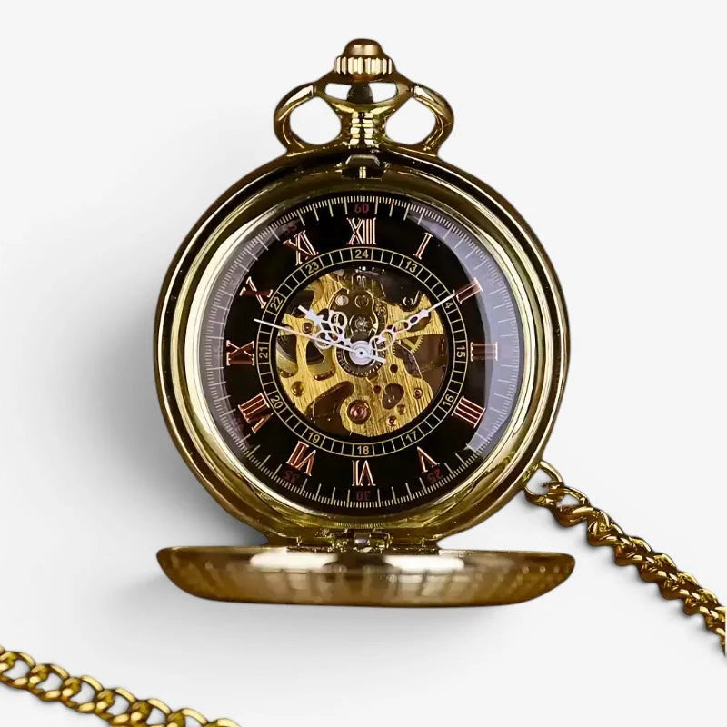 Wood pocket watch with gold case mechanical movement black dial roman numerals and attached gold chain
