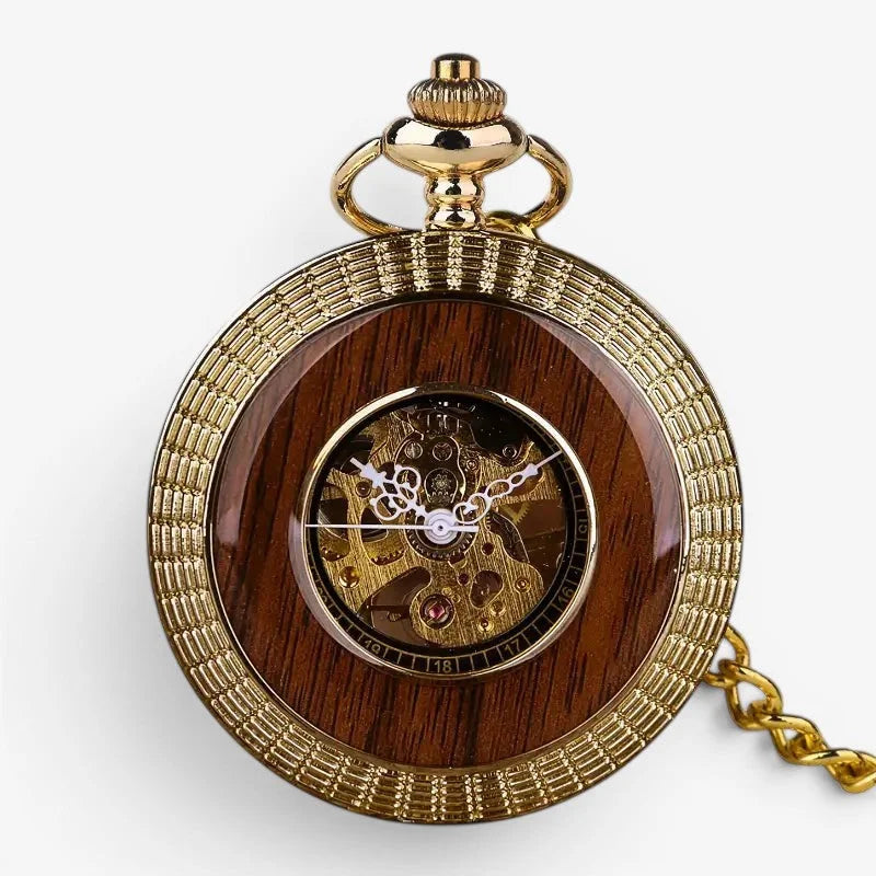 Wood pocket watch with golden casing wooden face and exposed mechanical gears visible on the front side