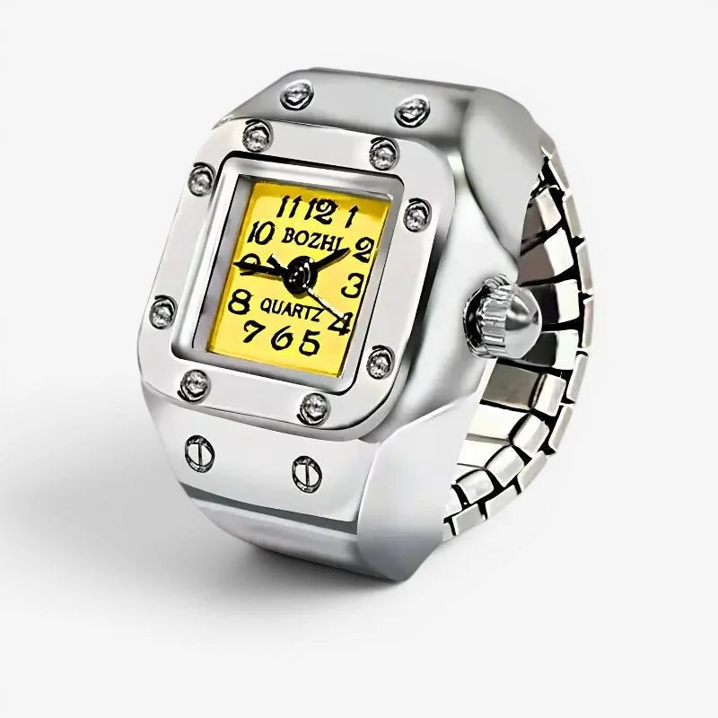 Yellow quartz ring watch featuring a silver-toned square quartz case with a bright yellow dial and crystal bezel accents