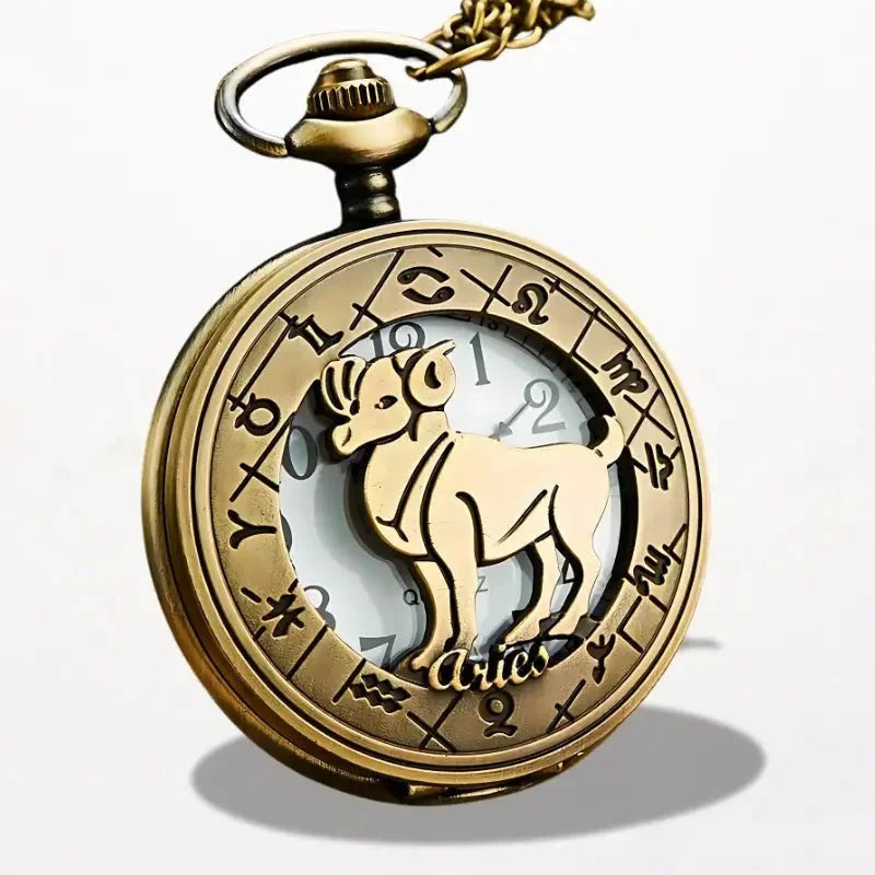 Antique brass zodiac pocket watch with detailed aries symbol and astrological engravings around the dial