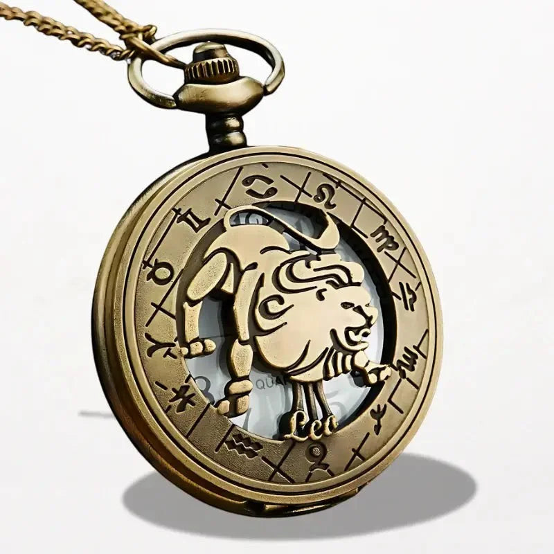 Antique brass-colored zodiac pocket watch with detailed lion symbol and engraved astrological signs on face
