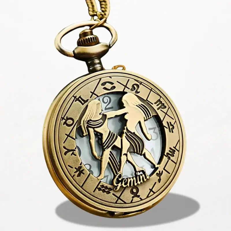 Antique brass-colored zodiac pocket watch featuring twin-themed design with gemini engraving on its face