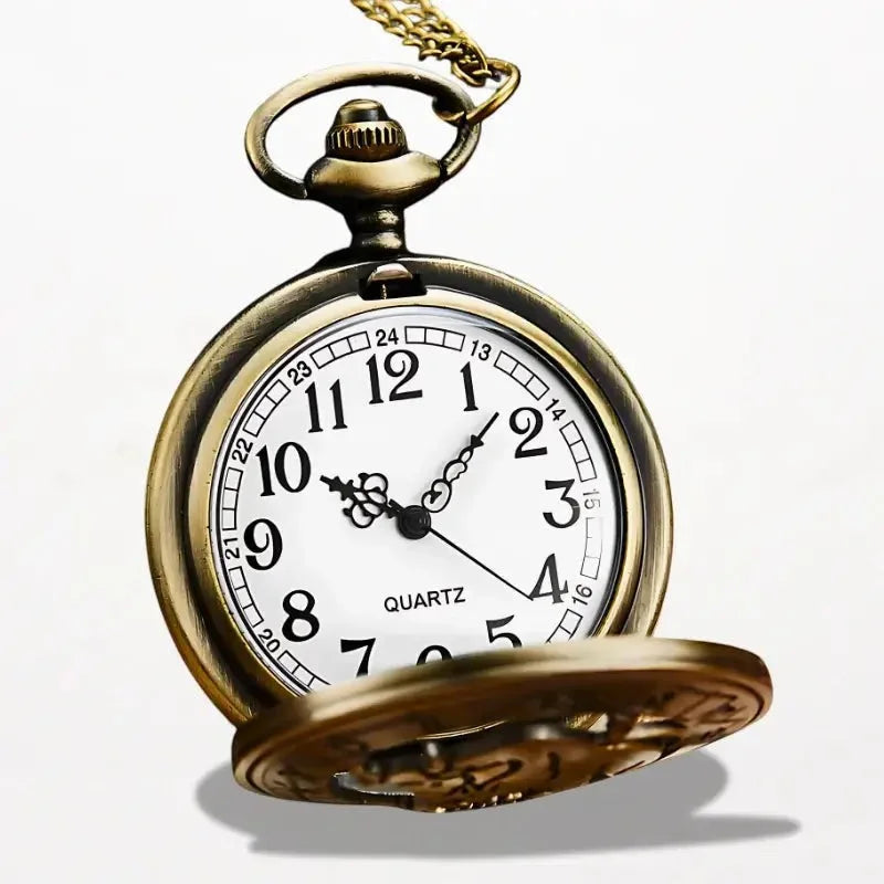 Antique brass-finished zodiac pocket watch with white dial black arabic numerals and attached gold chain