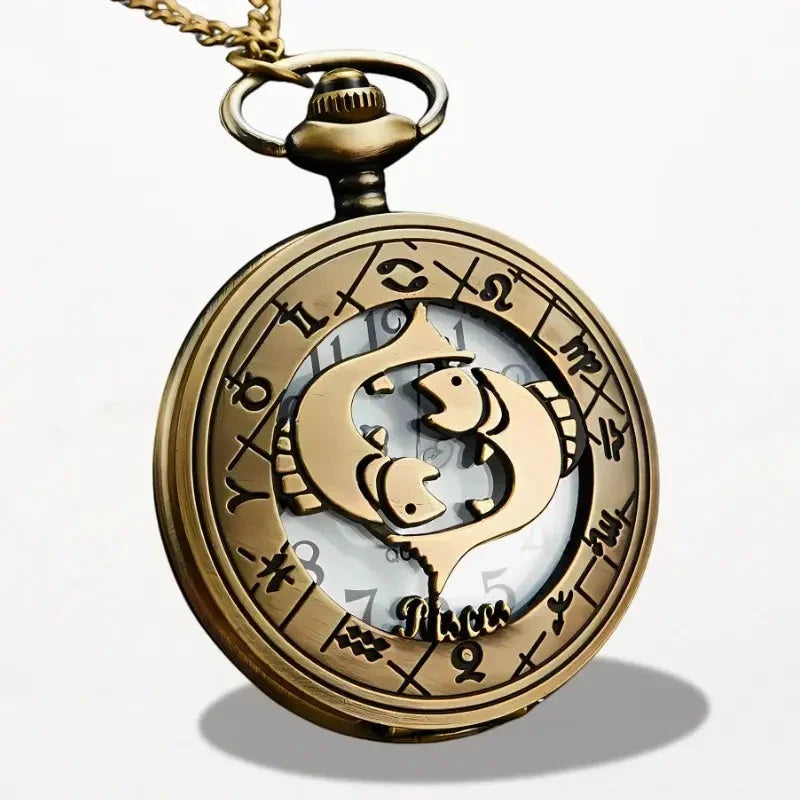 Antique gold-toned pocket watch necklace with detailed pisces zodiac design and engraved astrological outer ring