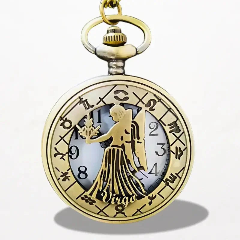 Gold-toned vintage-style zodiac pocket watch with detailed virgo figure and astrological symbols on its face