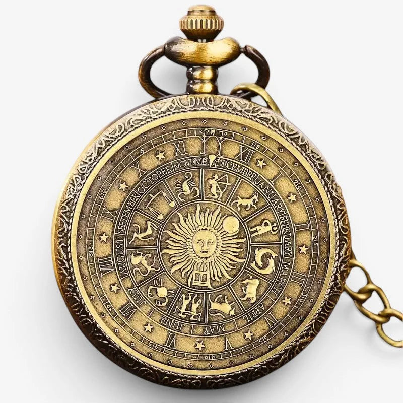 Antique brass zodiac signs pocket watch with intricate calendar engravings and a sun face at the center