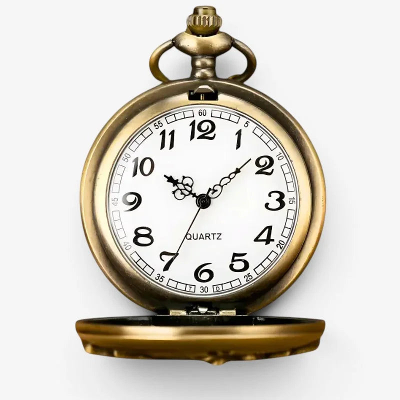 Antique brass-finished zodiac signs pocket watch with white dial black arabic numerals and quartz movement