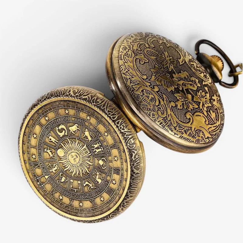 Antique brass zodiac signs pocket watch with floral engravings and detailed sun moon phase astrological dial
